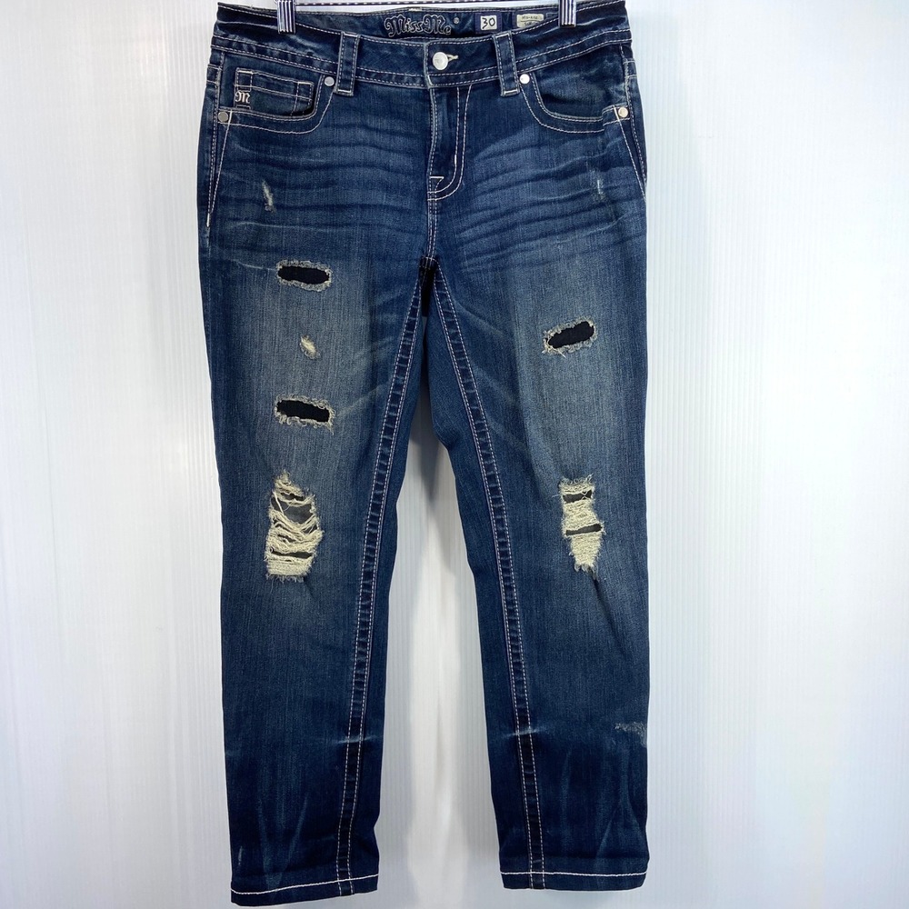 Miss Me Mid Rise Skinny Blue Stretch Denim Distressed Jeans Womens 30‎